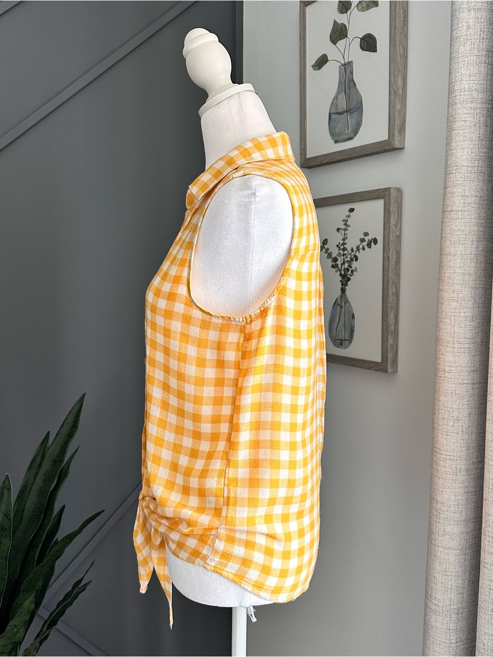 Harper Yellow and White Gingham Tie-Front Sleeveless Blouse - Picture 4 of 7